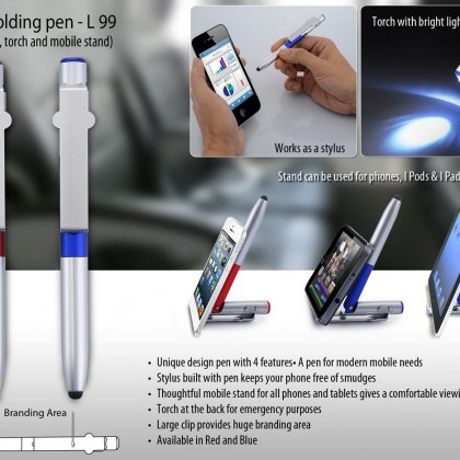 Personalized 4 in 1 folding pen with stylus, torch and mobile stand