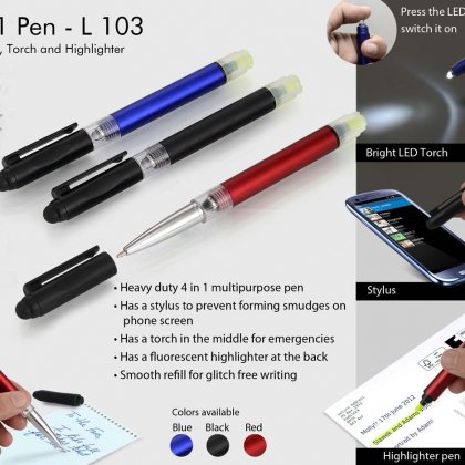 Personalized 4 in 1 pen with stylus, torch and highlighter