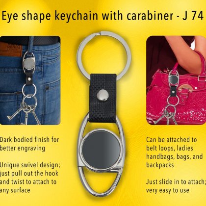 Personalized eye shape keychain with carabiner (gunmetal finish)