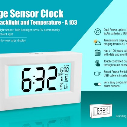 Personalized large sensor clock with backlight and temperature