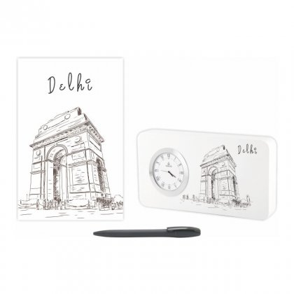 Personalized Delhi Gift Set Of Three (Table Clock Softcover Notebook & Pen)