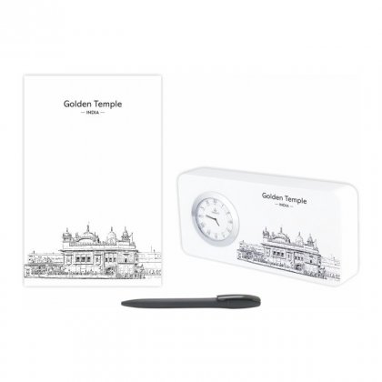 Personalized Golden Temple Gift Set Of Three (Table Clock Softcover Notebook & Pen)