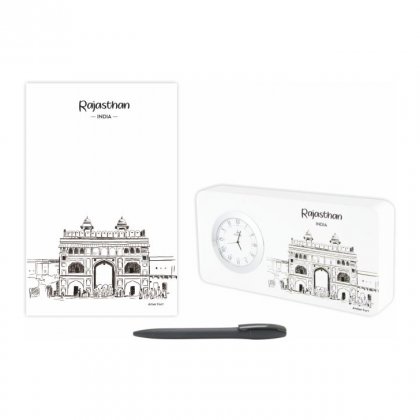 Personalized Rajasthan Gift Set Of Three (Table Clock Softcover Notebook & Pen)