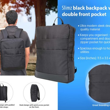 Personalized Slimz Black Backpack With Double Front Pocket