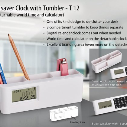 Personalized space saver clock with tumbler (with detachable world time calculator) (with battery)