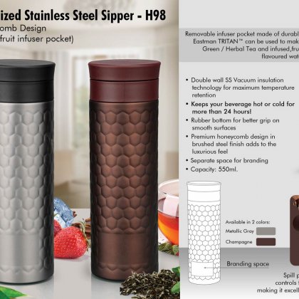 Personalized vacuumized tea/ fruit infuser ss sipper in honeycomb design (550 ml)