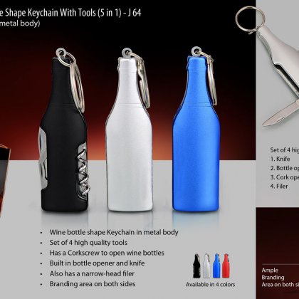 Personalized wine bottle shape keychain with 5 tools (metal)