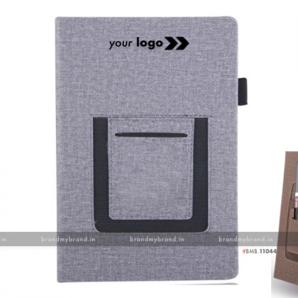 Personalized Grey Jute Mobile Pocket - Hard Cover A5 Notebook