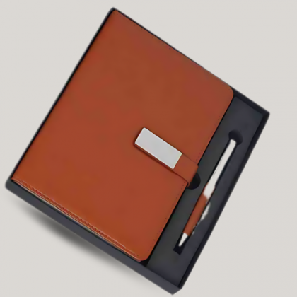 Customized Orange Leather Employee Joining Kit with Notebook, Pen, and Card Holder