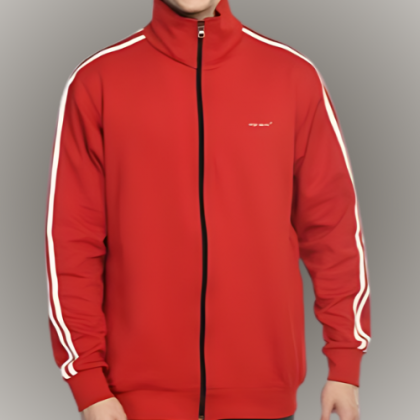 Customized Red Full-Zip Jacket with White Stripes and Logo