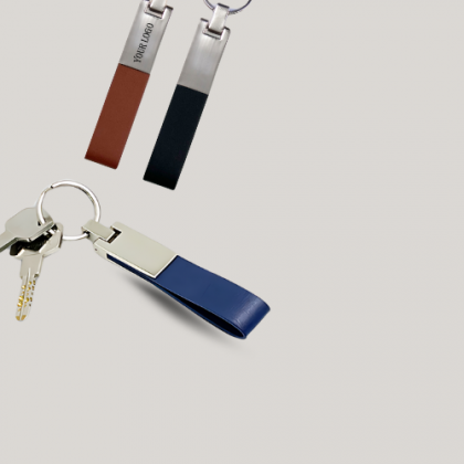 Customized Brown, White, and Blue Leather Keychain with Logo