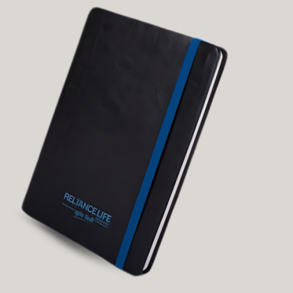 Customized Black Notebook with Blue Trim and Logo