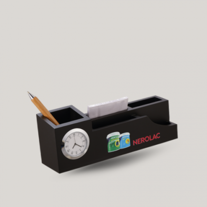 Customized Black Desk Clock with Pen Holder and Logo