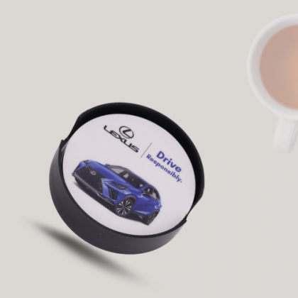 Dynamic Round White Tea Coaster with Blue Sports Car Logo