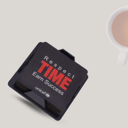 Premium Black Square Tea Coaster with Bold Red Logo