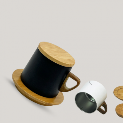 Customized Stainless Steel Vacuum Tea & Coffee Mug with Wooden Lid and Saucer (250ml, Black & White)