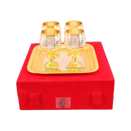 Set Of 4 Silver Plated Gold Polished Wine Glass With A Square Tray