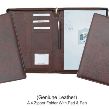 Personalized A 4 Zipper Folder With Pad & Pen - Genuine Leather