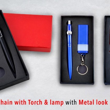 Personalized Set of Keychain With Torch & Lamp With Metal Look Pen