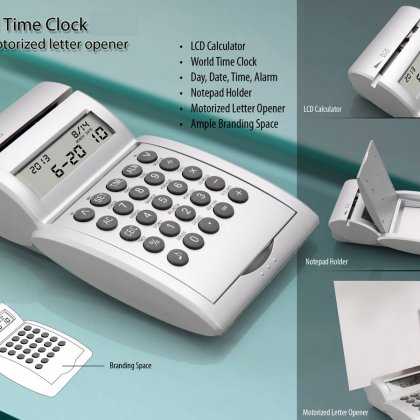 Personalized World Time Calendar Clock/ Calculator/ Motorized Letter Opener/ Pad Holder